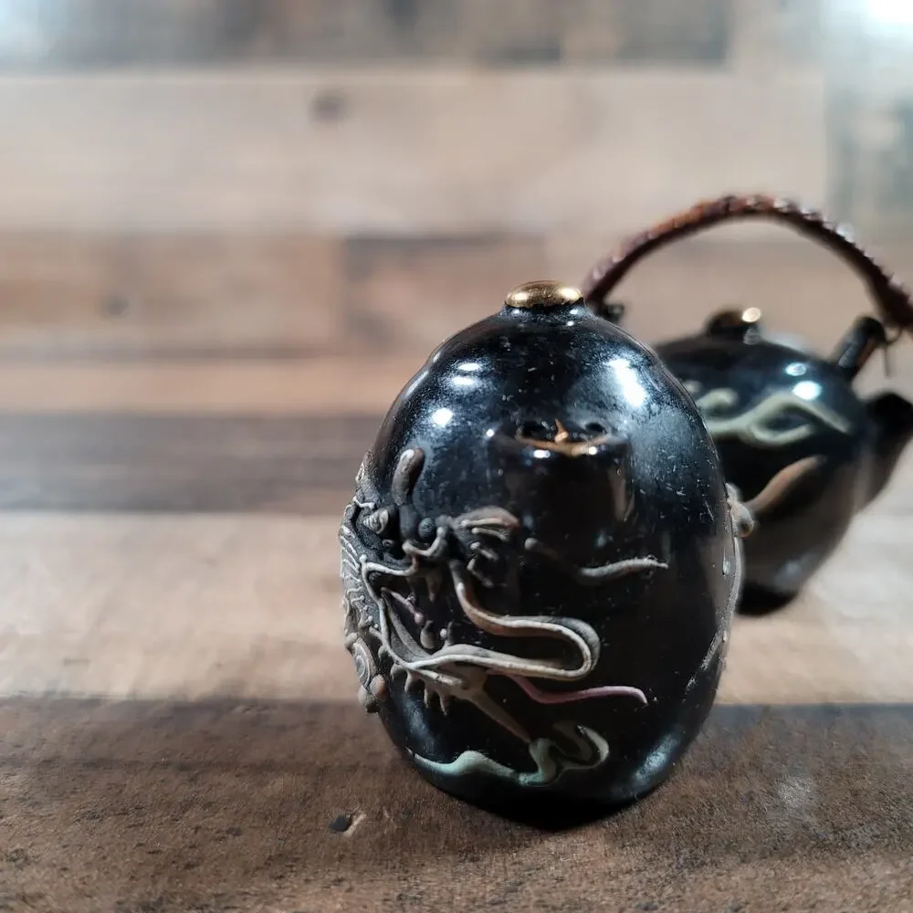 Vintage Dragon Moriage Salt & Pepper Set Tea Kettle Tea Pot Black Glaze Red Clay